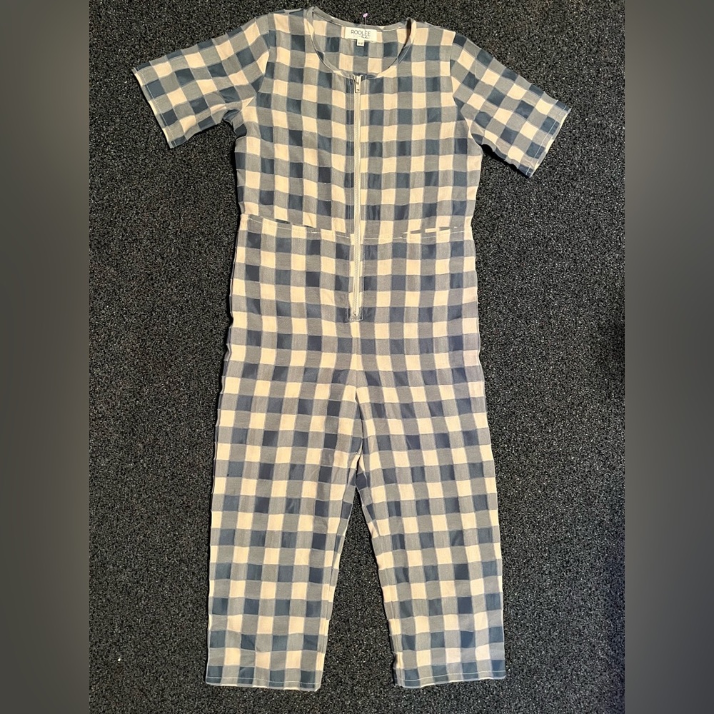 Roolee Blue White Buffalo Plaid Short Sleeve Jumpsuit 9 10